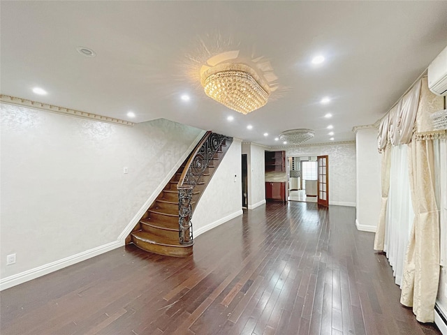 15204 79th Ave, Kew Garden Hills, NY 11367 - unfurnished living room with stairway, baseboards, dark wood-style flooring, and recessed lighting