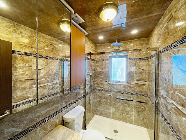 15204 79th Ave, Kew Garden Hills, NY 11367 - bathroom with a shower stall, toilet, and tile walls