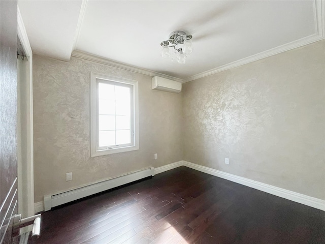 15204 79th Ave, Kew Garden Hills, NY 11367 - unfurnished room featuring baseboard heating, a wall mounted air conditioner, dark wood finished floors, ornamental molding, and baseboards