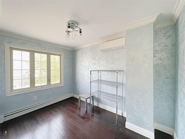 15204 79th Ave, Kew Garden Hills, NY 11367 - unfurnished bedroom with baseboard heating, a wall mounted AC, hardwood / wood-style floors, crown molding, and baseboards