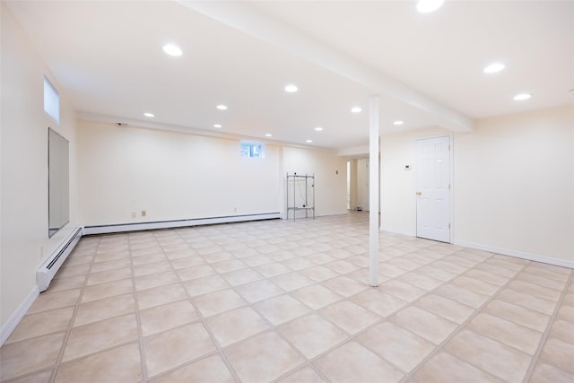 247 Marcus Ave, New Hyde Park, NY 11040 - finished below grade area with recessed lighting, a baseboard radiator, and baseboards