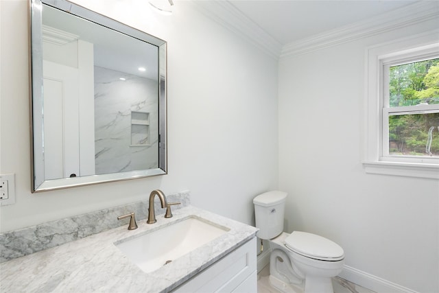 381 Wading River Rd, Manorville, NY 11949 - bathroom with vanity, toilet, crown molding, baseboards, and marble finish flooring