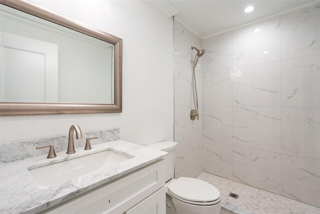 381 Wading River Rd, Manorville, NY 11949 - full bath featuring vanity, toilet, a marble finish shower, recessed lighting, and crown molding