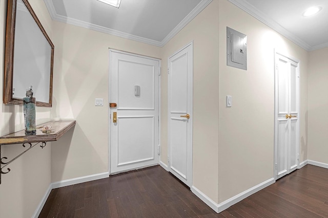 1390 Broadway Unit 107, Hewlett, NY 11557 - entrance foyer with electric panel, dark wood-style floors, baseboards, and crown molding