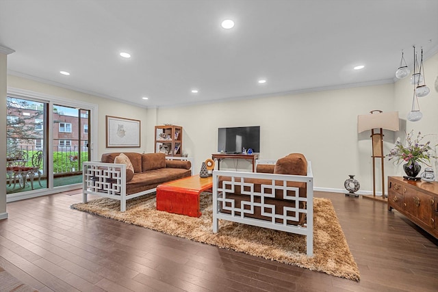 1390 Broadway Unit 107, Hewlett, NY 11557 - living room with ornamental molding, hardwood / wood-style flooring, baseboards, and recessed lighting