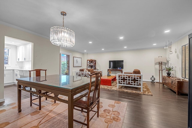 1390 Broadway Unit 107, Hewlett, NY 11557 - dining room featuring ornamental molding, recessed lighting, dark wood-type flooring, a chandelier, and baseboards