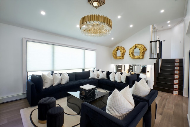 929 Jewel Dr, North Woodmere, NY 11581 - living room with a chandelier, baseboard heating, wood finished floors, recessed lighting, and stairs