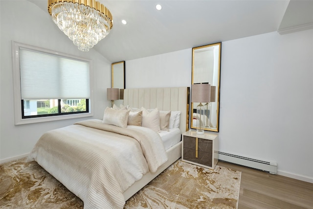 929 Jewel Dr, North Woodmere, NY 11581 - bedroom featuring a baseboard heating unit, wood finished floors, baseboards, a chandelier, and recessed lighting