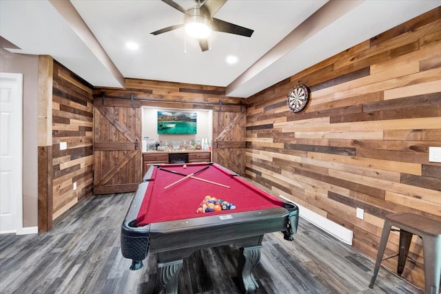 26 Kyleigh Way, Middletown, NY 10940 - game room with wooden walls, a ceiling fan, wood finished floors, billiards, and baseboards