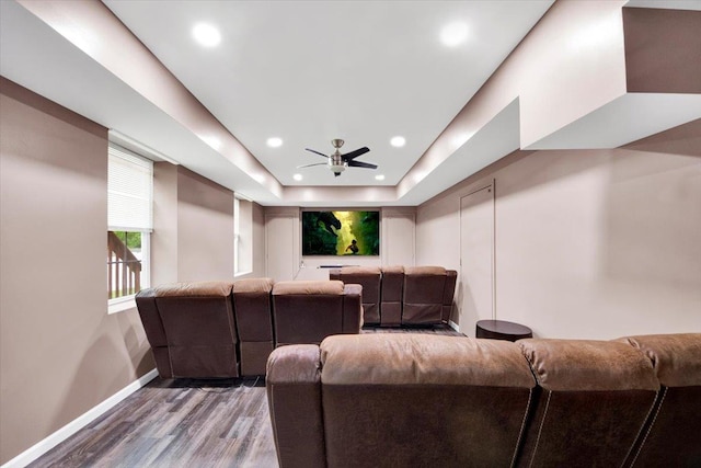 26 Kyleigh Way, Middletown, NY 10940 - cinema room featuring ceiling fan, baseboards, wood finished floors, recessed lighting, and a tray ceiling