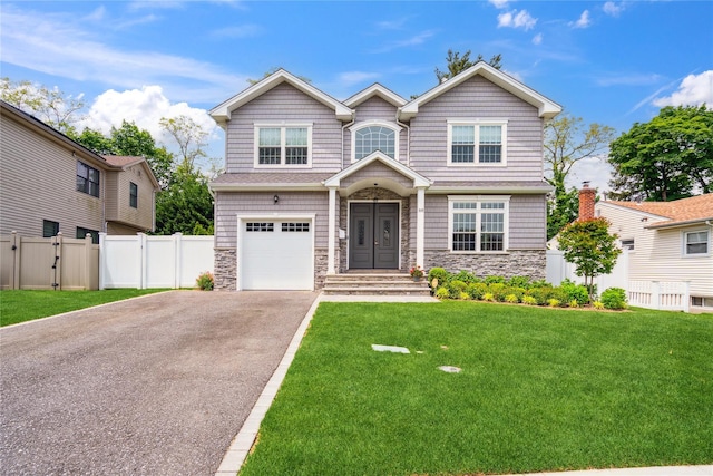 88 Willets Dr, Syosset, NY 11791 - view of front of home featuring stone siding, a garage, asphalt driveway, and a gate