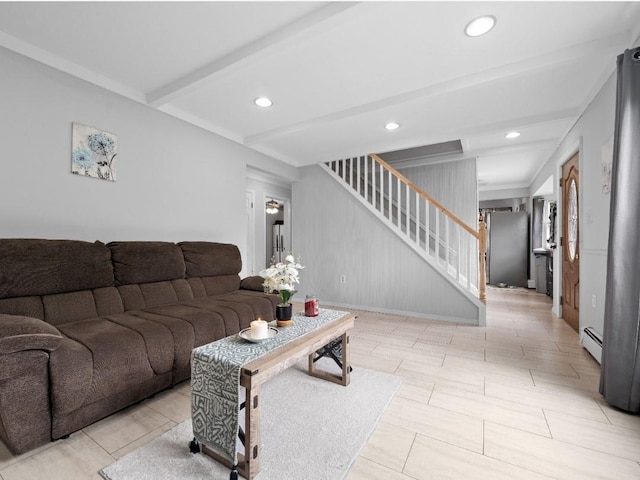 33 Saddle Ln, Levittown, NY 11756 - living room featuring stairway, baseboard heating, recessed lighting, and beam ceiling