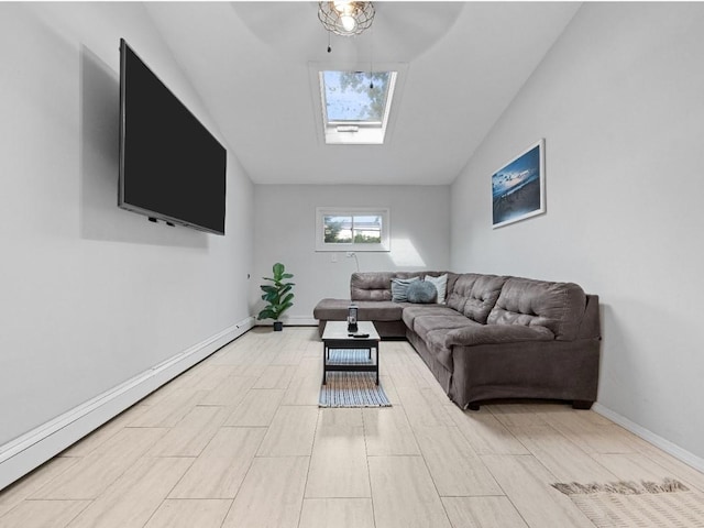 33 Saddle Ln, Levittown, NY 11756 - living room with a skylight, baseboard heating, and baseboards