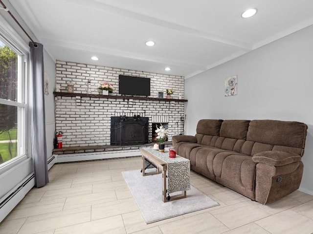 33 Saddle Ln, Levittown, NY 11756 - living area featuring a baseboard heating unit, a brick fireplace, and recessed lighting