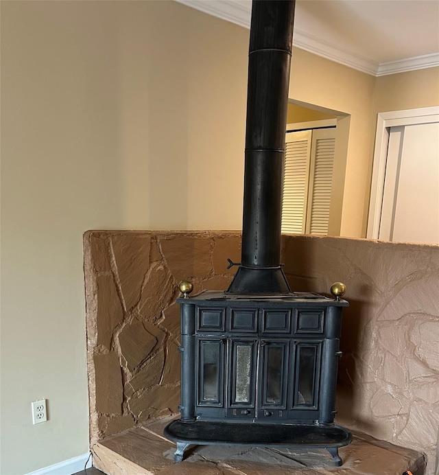 detailed view of a wood stove and crown molding