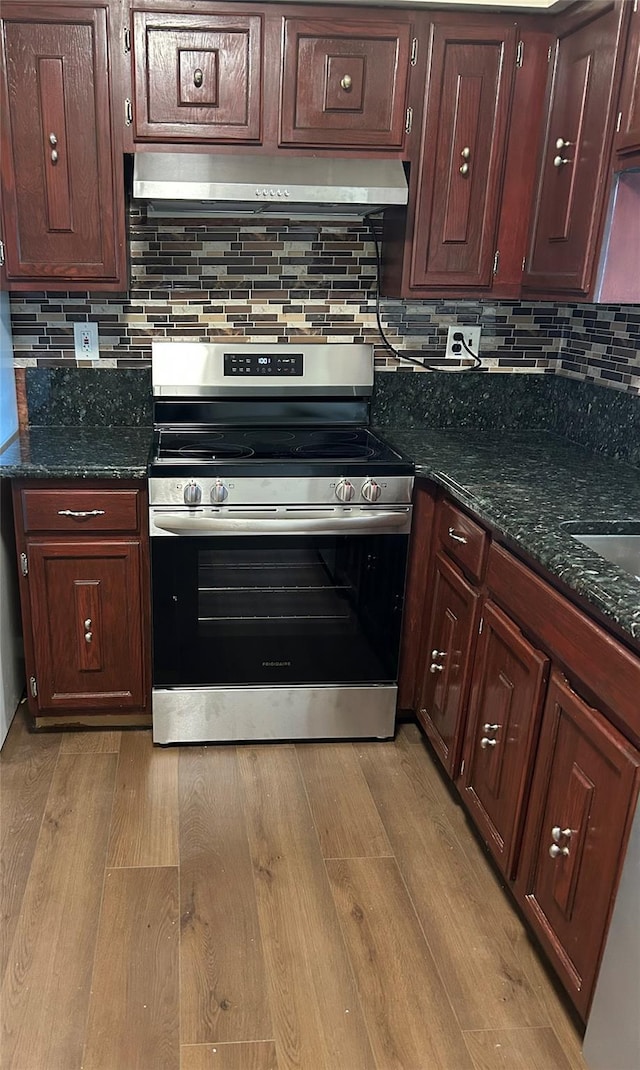 kitchen with electric range, light wood-style floors, exhaust hood, and decorative backsplash