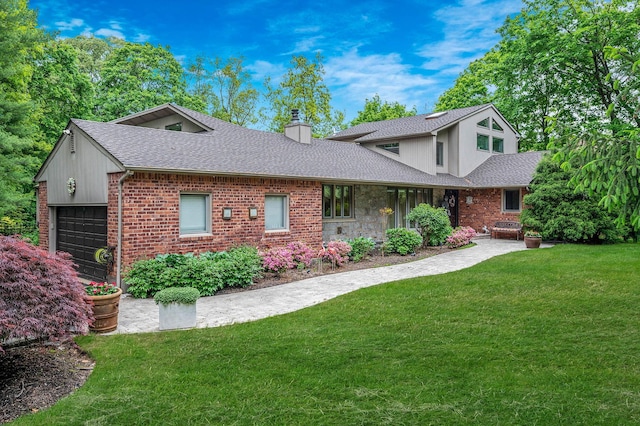 2 Farmview Dr, Dix Hills, NY 11746 - view of front of home with a chimney, a shingled roof, a front yard, a garage, and brick siding