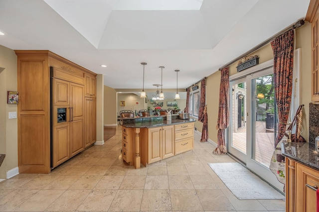 2 Farmview Dr, Dix Hills, NY 11746 - kitchen with baseboards, recessed lighting, hanging light fixtures, a center island, and dark stone countertops