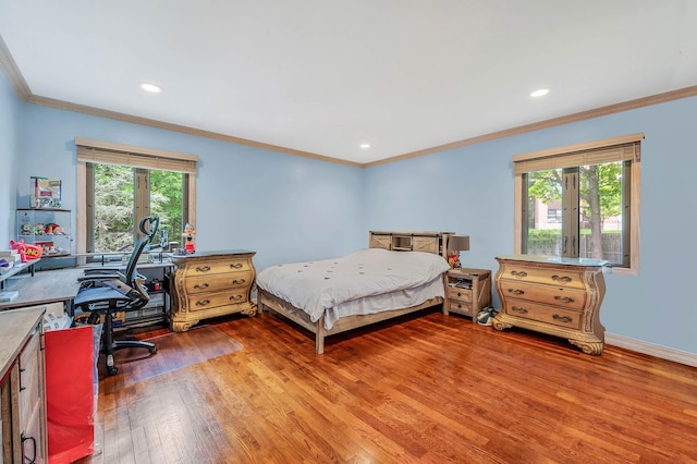 2 Farmview Dr, Dix Hills, NY 11746 - bedroom with light wood-style floors, crown molding, recessed lighting, a desk, and baseboards