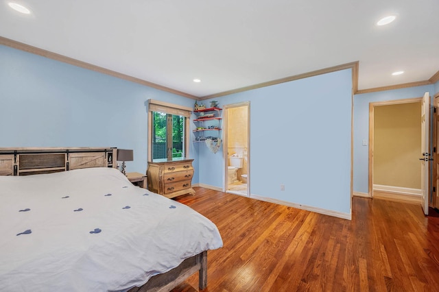 2 Farmview Dr, Dix Hills, NY 11746 - bedroom featuring ornamental molding, baseboards, wood finished floors, recessed lighting, and connected bathroom