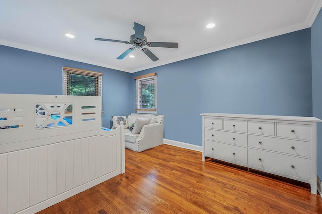 2 Farmview Dr, Dix Hills, NY 11746 - bedroom featuring crown molding, wood finished floors, baseboards, recessed lighting, and ceiling fan