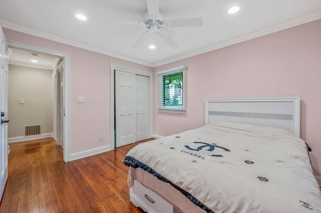 2 Farmview Dr, Dix Hills, NY 11746 - bedroom with dark wood-type flooring, baseboards, ornamental molding, a closet, and a ceiling fan