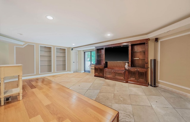 2 Farmview Dr, Dix Hills, NY 11746 - unfurnished living room featuring built in shelves, baseboards, recessed lighting, light tile patterned floors, and ornamental molding