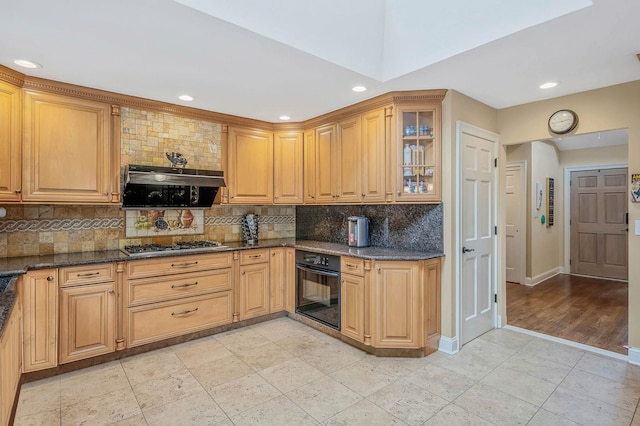 2 Farmview Dr, Dix Hills, NY 11746 - kitchen featuring oven, backsplash, glass insert cabinets, recessed lighting, and dark stone counters