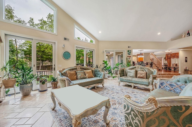 2 Farmview Dr, Dix Hills, NY 11746 - living room with stairway, a chandelier, stone tile floors, recessed lighting, and a high ceiling