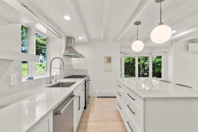 51/2 Locust Ave, Stony Brook, NY 11790 - kitchen featuring a sink, appliances with stainless steel finishes, wall chimney exhaust hood, a baseboard radiator, and recessed lighting