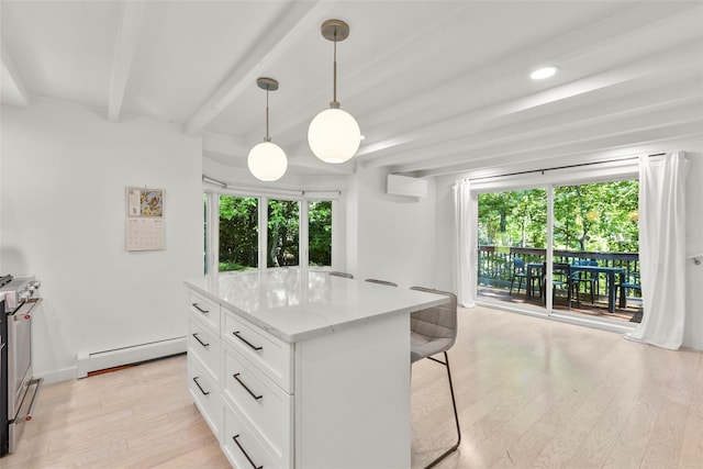 51/2 Locust Ave, Stony Brook, NY 11790 - kitchen with baseboard heating, light wood finished floors, beamed ceiling, white cabinets, and a kitchen island