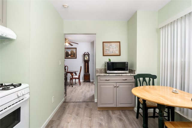 dining room with light wood-style flooring, a ceiling fan, and baseboards