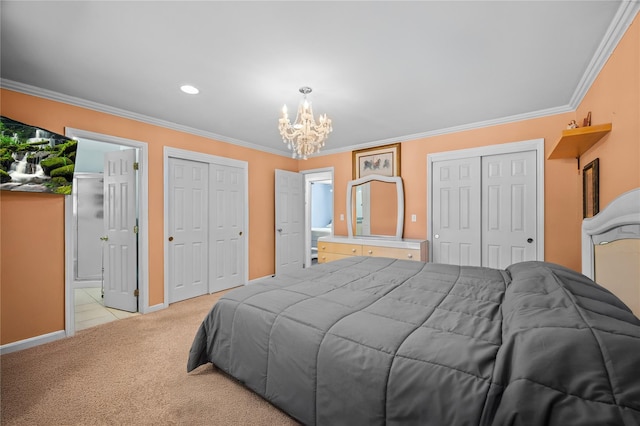 178 Prospect Pl, Bay Shore, NY 11706 - bedroom with a chandelier, light colored carpet, crown molding, two closets, and baseboards