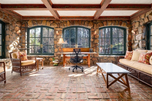 118 John St, Greenwich, CT 06831 - home office featuring coffered ceiling, beam ceiling, brick floors, and crown molding