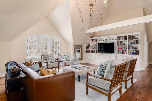 118 John St, Greenwich, CT 06831 - living room featuring wood finished floors, high vaulted ceiling, baseboards, and built in shelves
