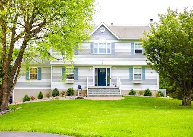 10 Courtney Ln, Brewster, NY 10509 - view of front of home featuring a front lawn, entry steps, and a chimney