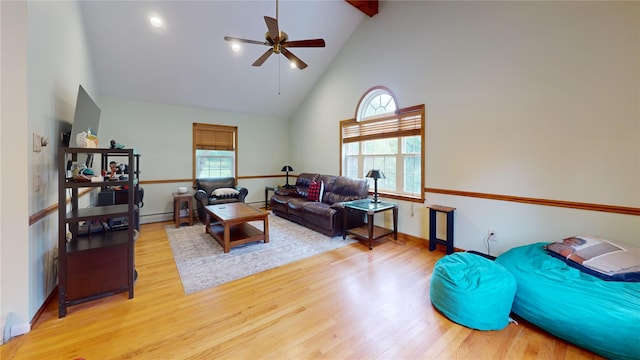 10 Courtney Ln, Brewster, NY 10509 - living room featuring high vaulted ceiling, a ceiling fan, wood finished floors, beam ceiling, and baseboards