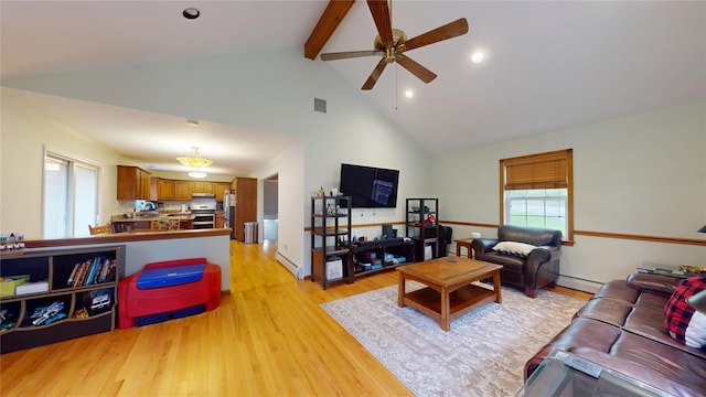 10 Courtney Ln, Brewster, NY 10509 - living room featuring a ceiling fan, light wood-type flooring, high vaulted ceiling, beam ceiling, and a baseboard heating unit