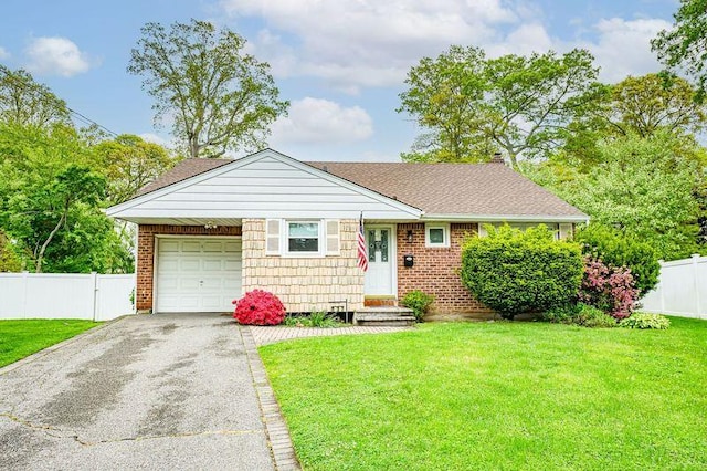 view of front of home with asphalt driveway, an attached garage, brick siding, and roof with shingles