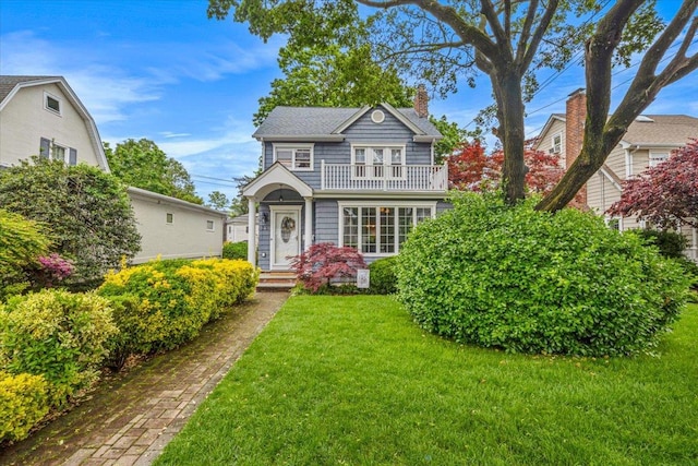 view of front of home with a balcony, a chimney, and a front yard