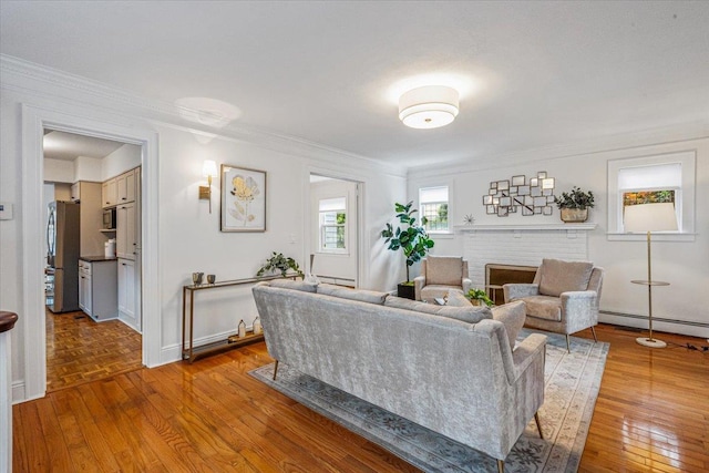 living room with a baseboard radiator, crown molding, hardwood / wood-style flooring, and baseboards