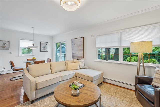 living room with a baseboard radiator, crown molding, and light wood-style flooring