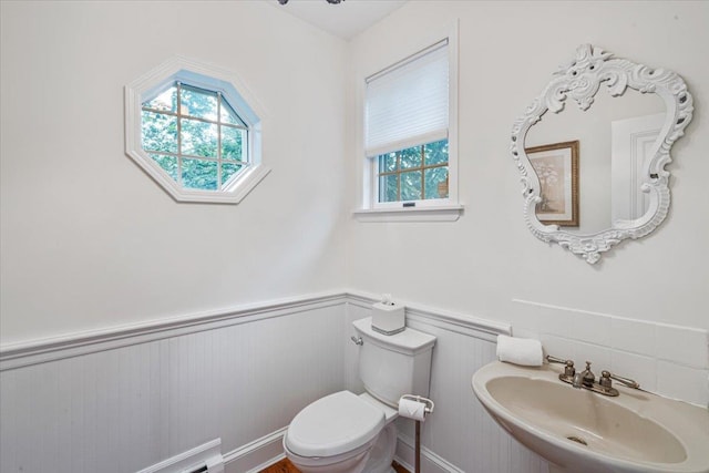 bathroom with a sink, wainscoting, and toilet