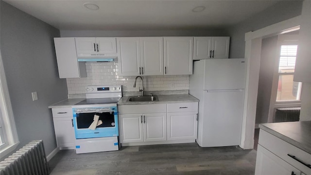 164 Thompson St, Poughkeepsie, NY 12601 - kitchen featuring radiator heating unit, a sink, freestanding refrigerator, range with electric cooktop, and under cabinet range hood