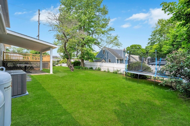 48 Hillside Ave, Patchogue, NY 11772 - view of yard with a trampoline, central AC, and a wooden deck