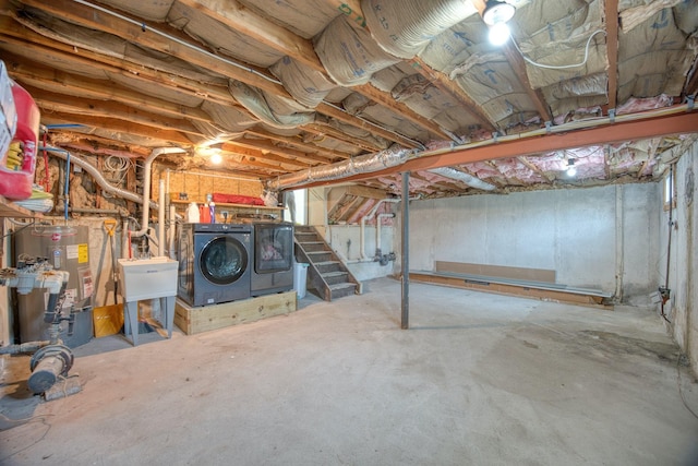 48 Hillside Ave, Patchogue, NY 11772 - unfinished basement featuring washing machine and clothes dryer, water heater, stairs, and a sink