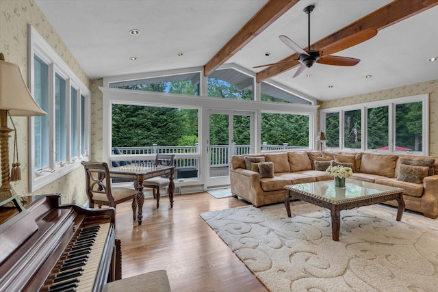 7 Tuxedo Dr, Melville, NY 11747 - living room featuring wood finished floors, ceiling fan, and wallpapered walls