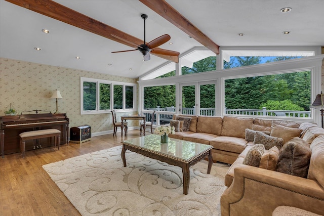 7 Tuxedo Dr, Melville, NY 11747 - living room with a ceiling fan, wood finished floors, wallpapered walls, baseboards, and recessed lighting