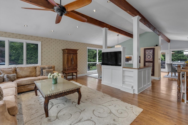 7 Tuxedo Dr, Melville, NY 11747 - living area with light wood-style flooring, a ceiling fan, healthy amount of natural light, wallpapered walls, and recessed lighting