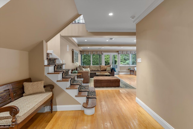 7 Tuxedo Dr, Melville, NY 11747 - living room featuring ornamental molding, wood finished floors, baseboards, stairway, and recessed lighting